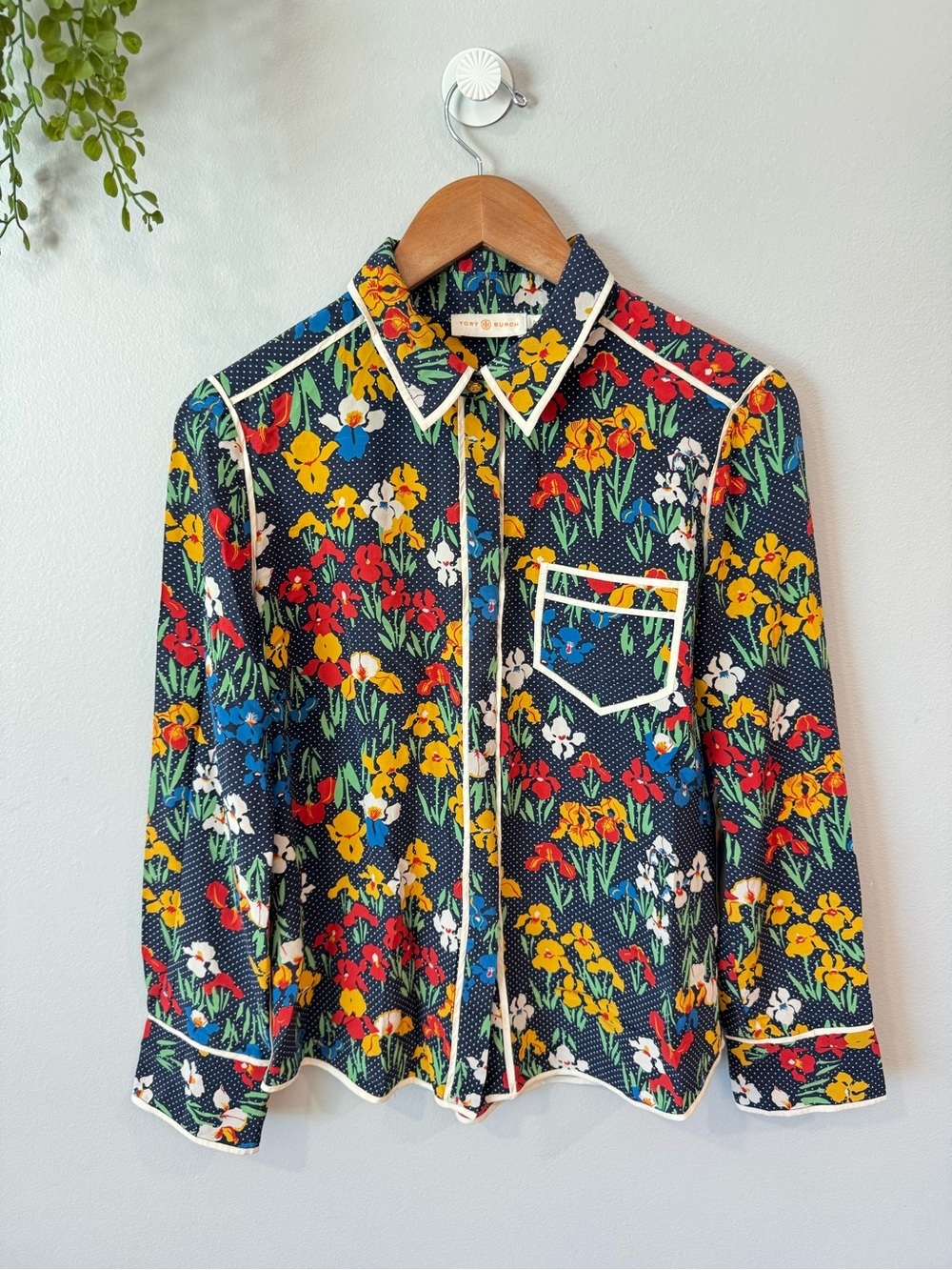 Tory Burch Navy Floral Button-Down Shirt with White Piping Size 8